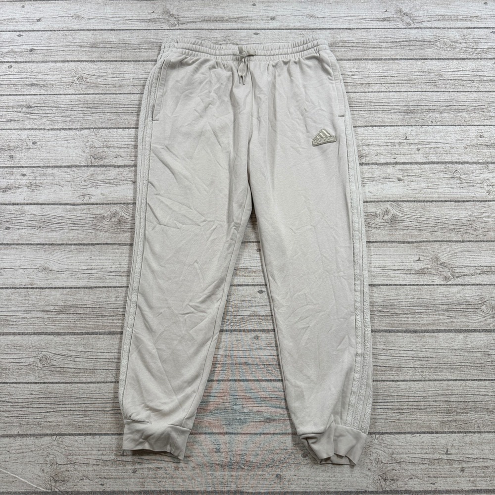 Adidas Sweatpants Men's XL Beige 3-Stripe Fleece Lined Training Athletic Joggers
